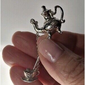 Vintage Avon Teapot & Teacup Stick Pin Brooch Silver Tone Chain Whimsical Gift